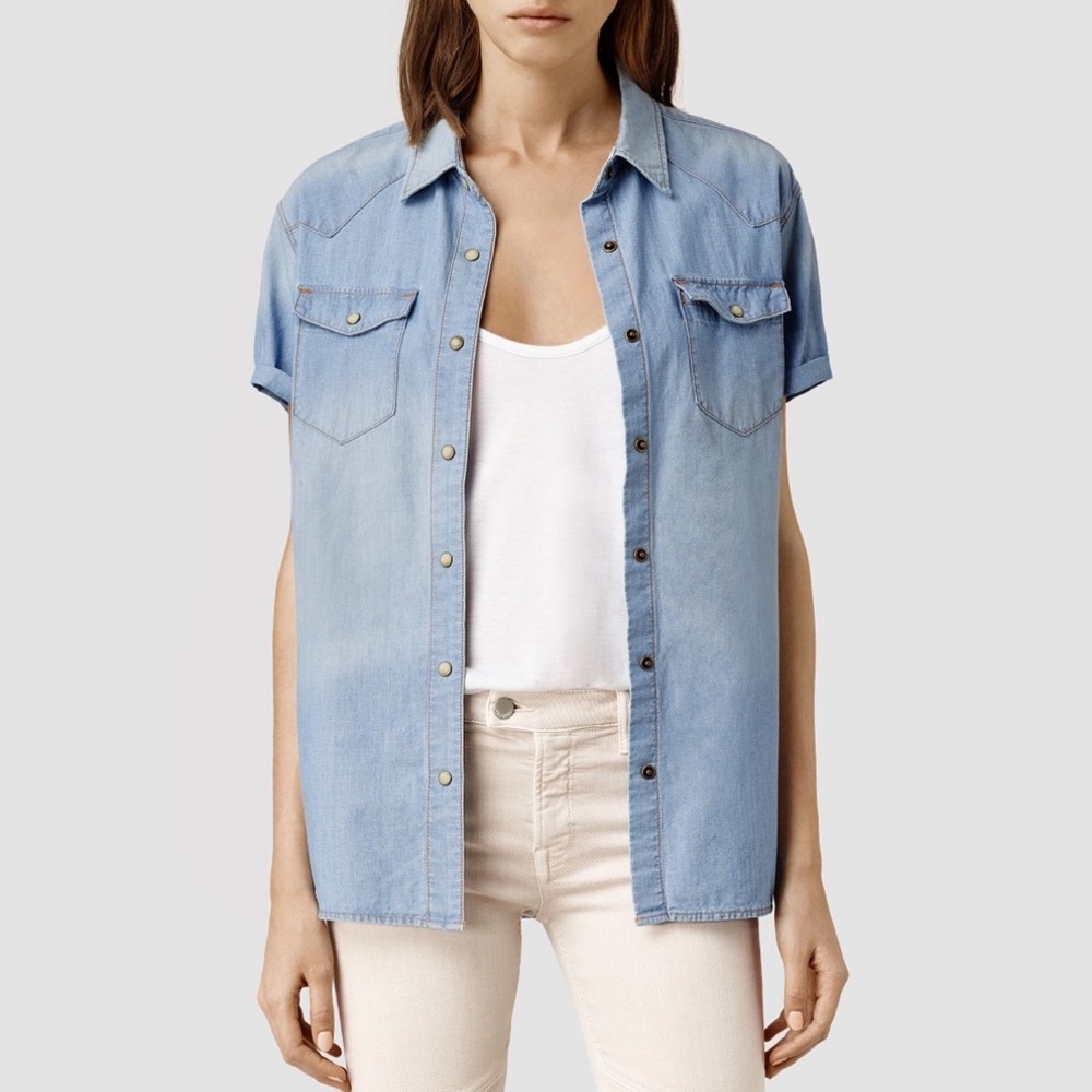 All Saints Mara Shirt in Indigo Size 6 Chambray Denim  Pearl Snap Top